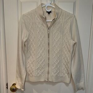 Talbots Petite L Cable Knit Zip Sweater - 30% Lambswool **small stains**